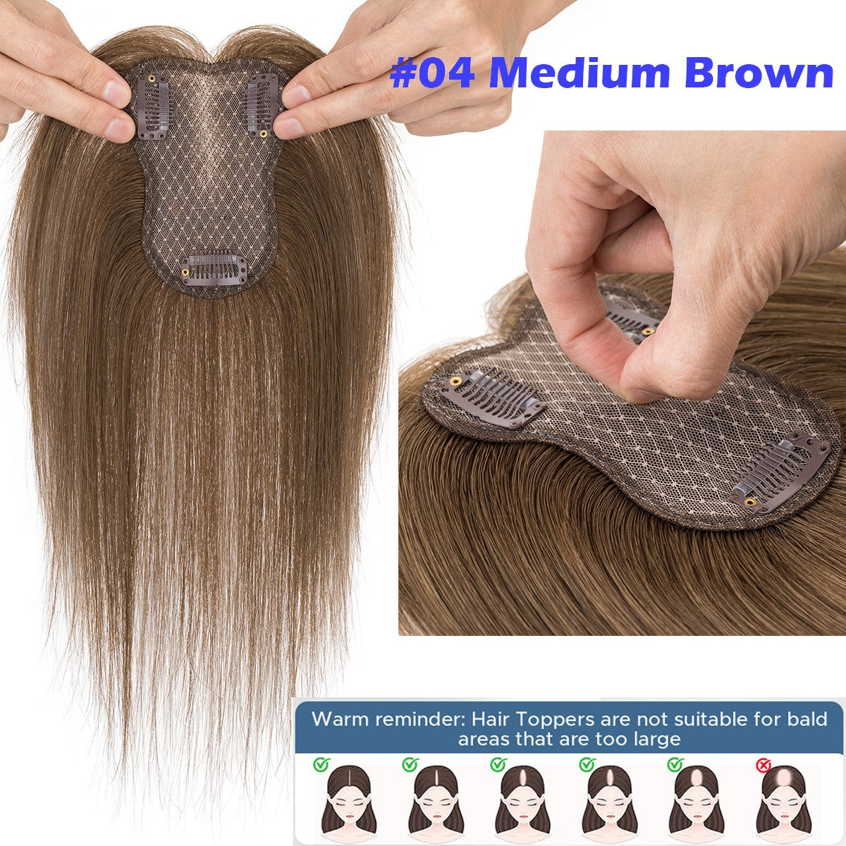 Remy Human Hair Clip-In Topper with Silk Lace Base & Bangs - Custom Sizes & Colors