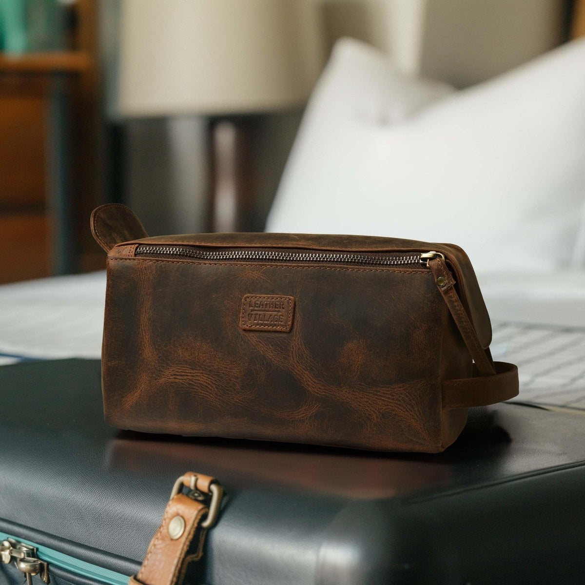 Leather Travel Toiletry Bag - Waterproof Premium Leather Organizer for Men & Women
