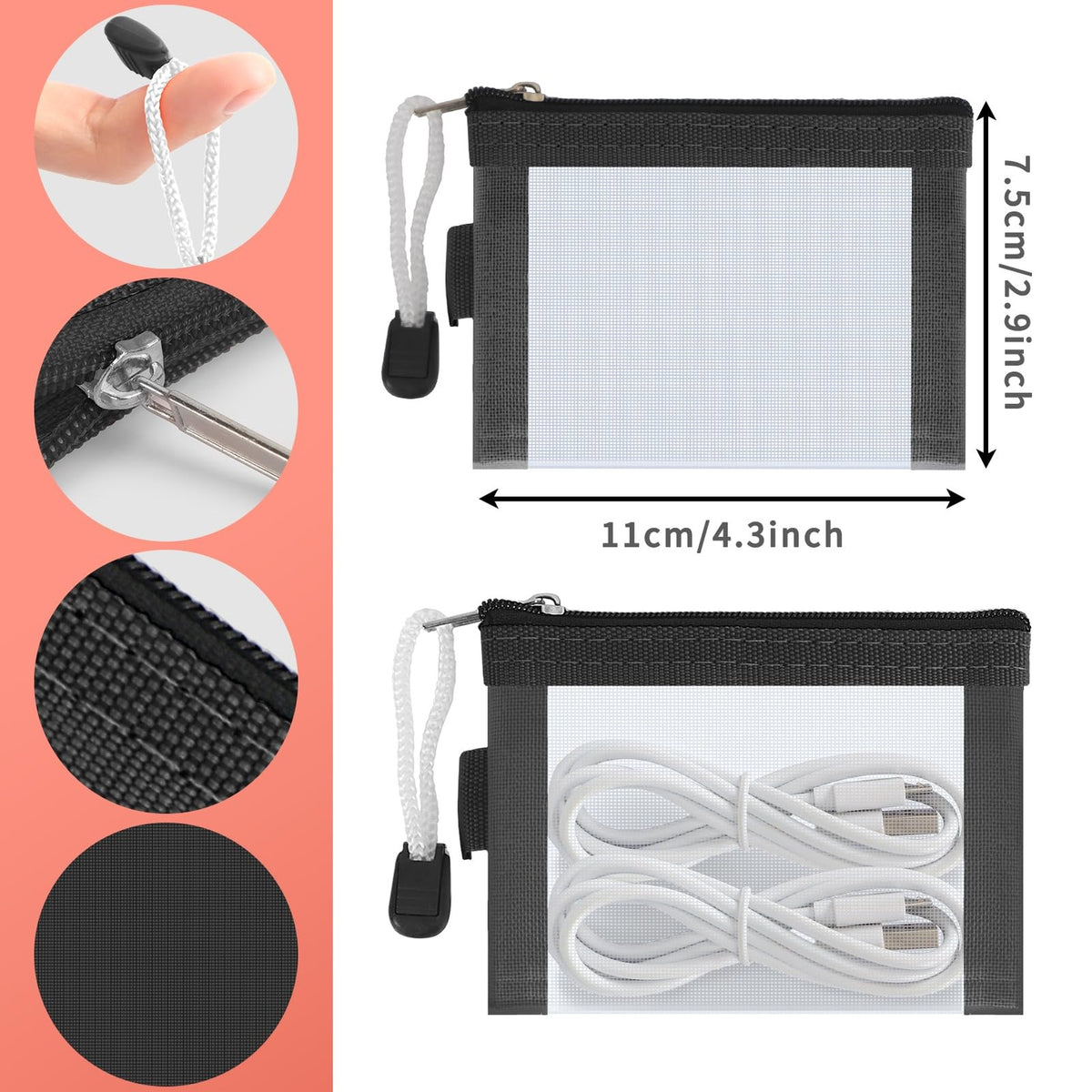 Mini Zipper Mesh Bags 3 Pack - Small Nylon Storage Pouches for Keys, Cards, Makeup
