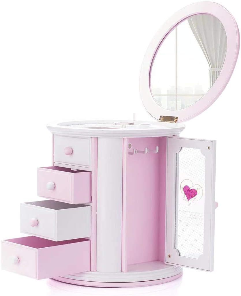 Girls Musical Jewelry Box with Pink Finish and 3 Drawers - Kids Necklace Storage Case