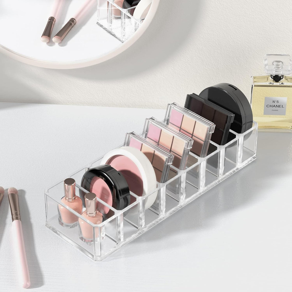 Clear Acrylic Makeup Compact Organizer with 8 Compartments - Vanity Storage Stand