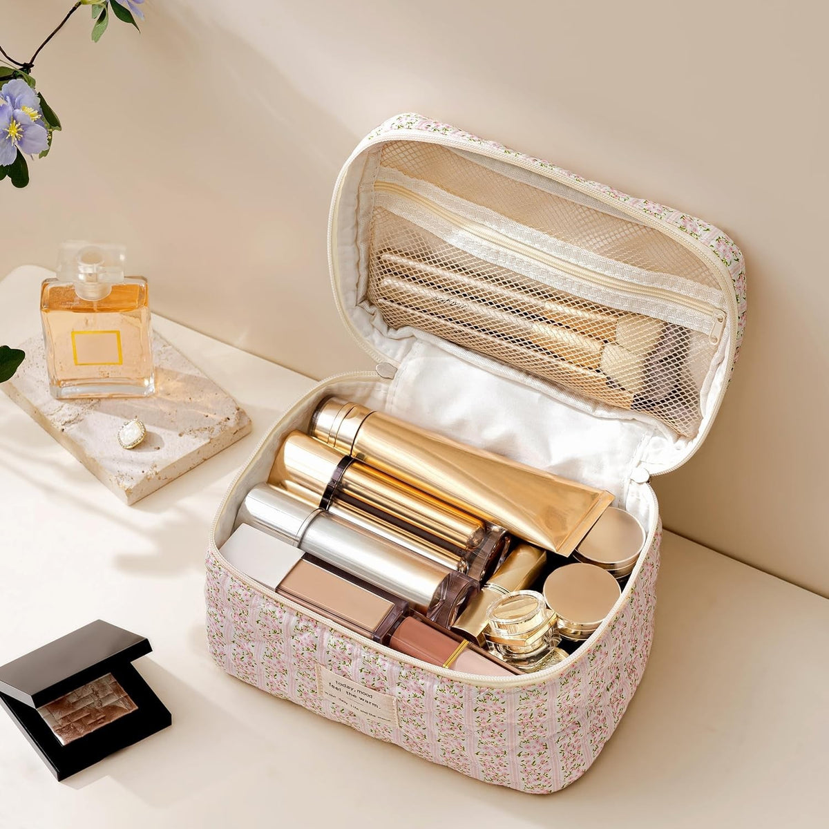 Large Quilted Travel Makeup Bag with Handle - Cotton Cosmetic Organizer