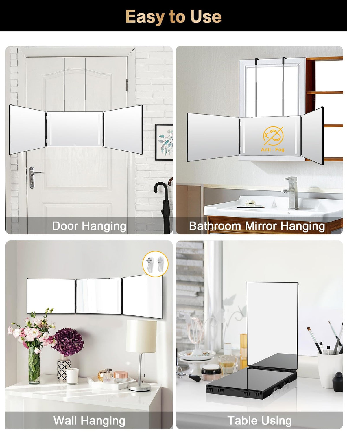 Self Hair Cutting Mirror with 360° View, Anti-Fog HD Glass, USB Rechargeable & Adjustable Height