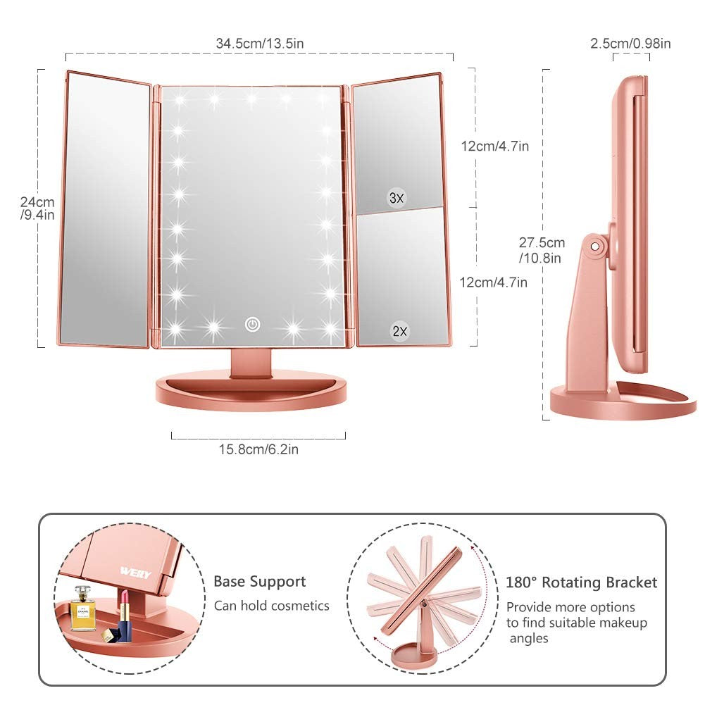 Makeup Mirror with 21 LED Lights, 2X & 3X Magnification, Rose Gold