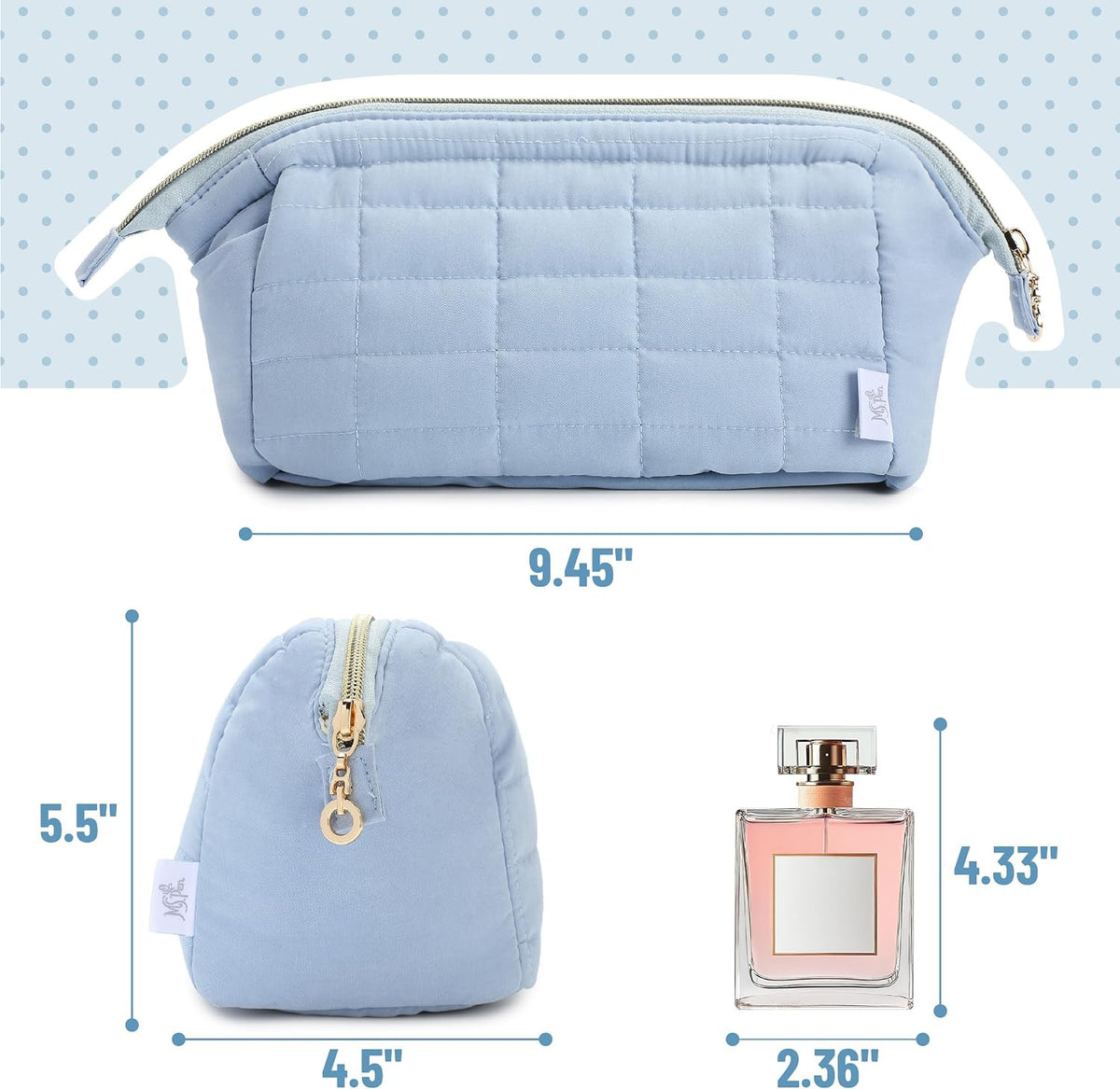 Dusty Blue Aesthetic Quilted Makeup Bag for Women by Ms. Pen