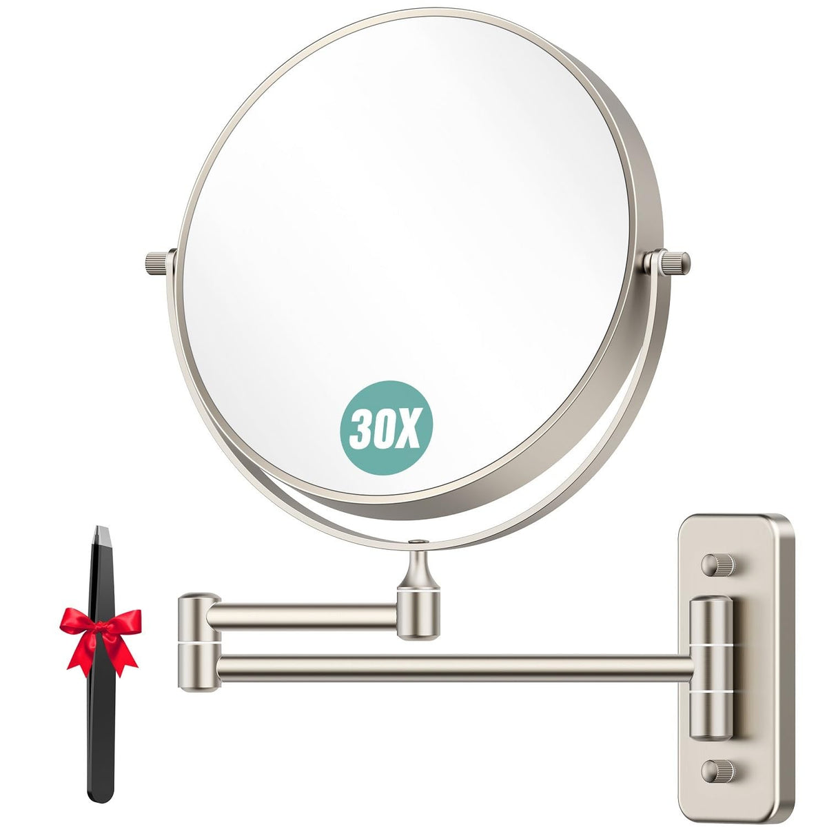 Wall Mounted Makeup Mirror with 1X/30X Magnification, Extendable Swivel, Nickel Finish