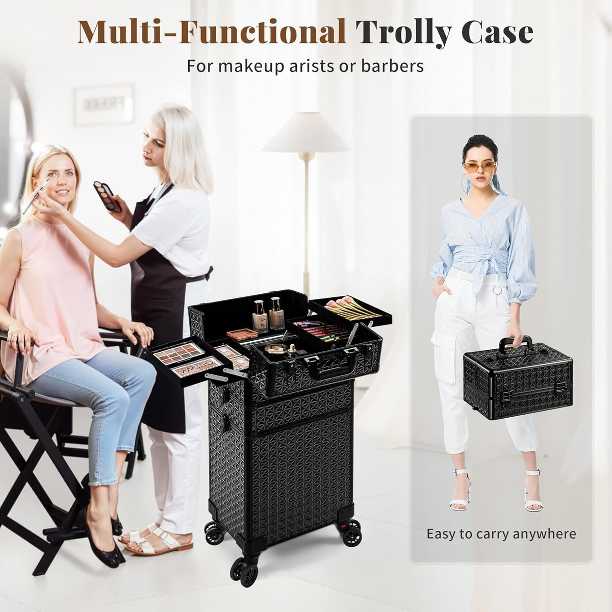 3-in-1 Rolling Makeup Case with Detachable Compartments & Lockable Storage