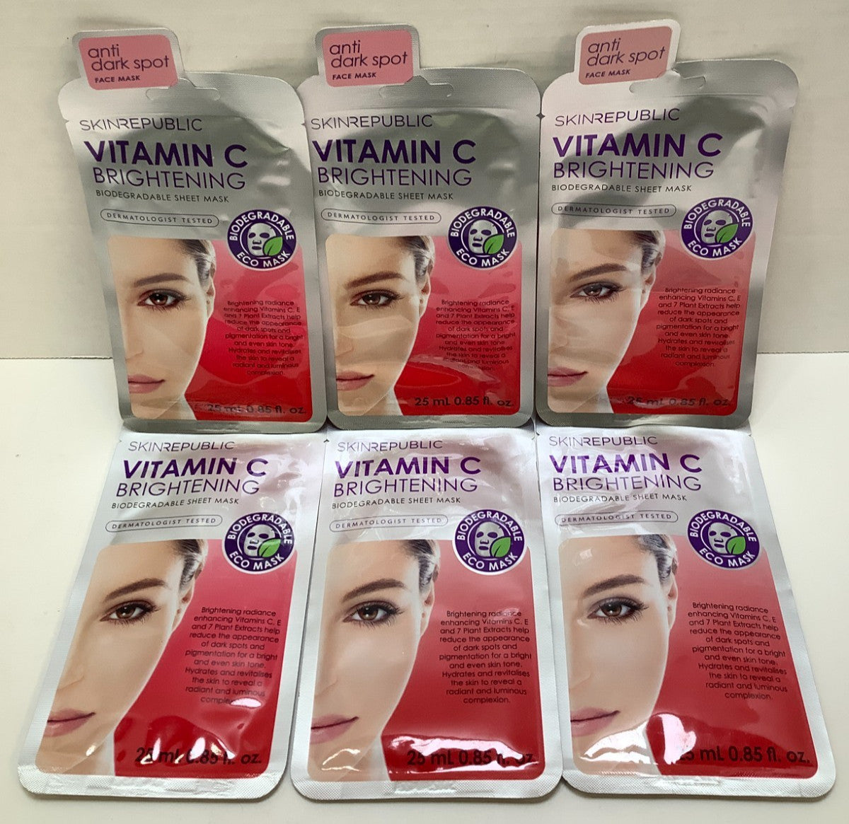 Vitamin C Brightening Biodegradable Sheet Mask, Pack of 6