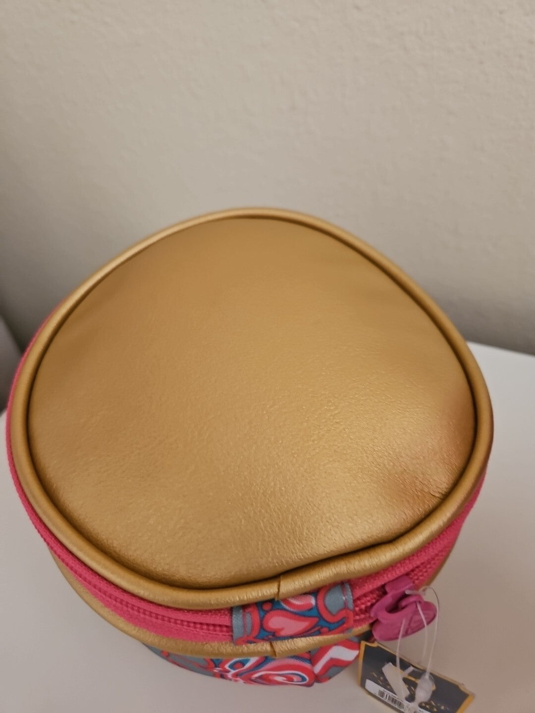 Pink and Gold Cosmetic Bag with Zipper - Round Travel Organizer