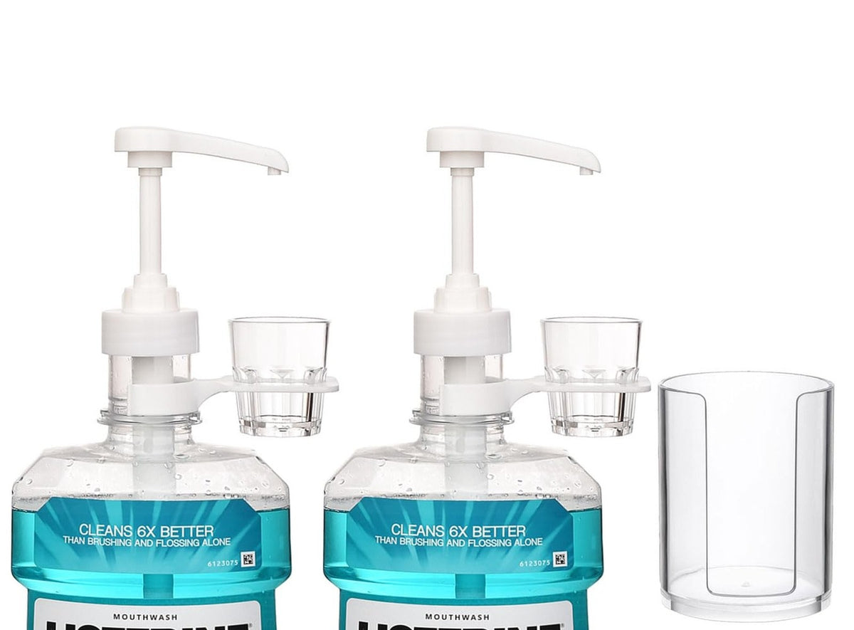 Mouthwash Dispenser Pumps for 1.5L Bottles with Cup Holders - Reusable & BPA-Free