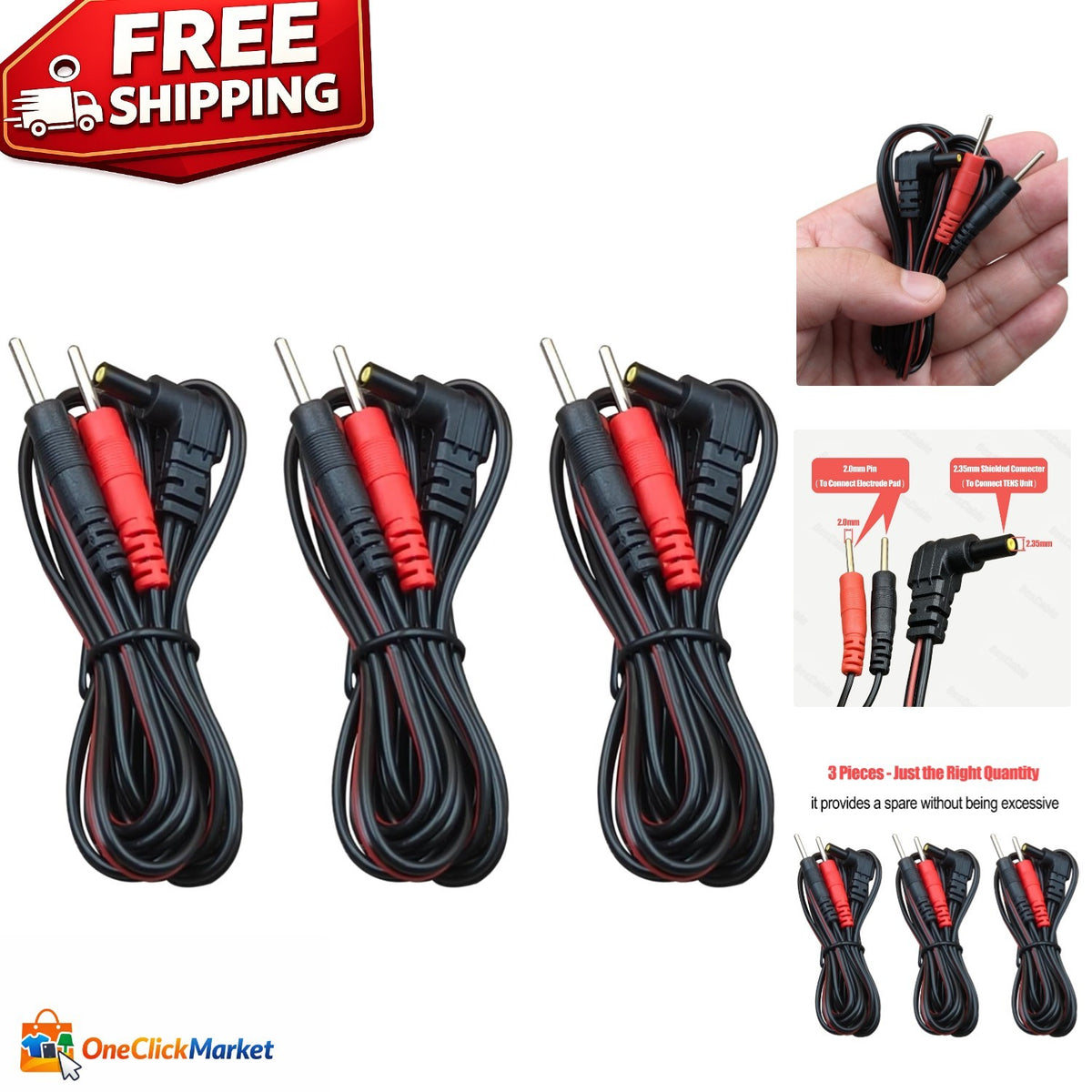 TENS Unit Lead Wires 3-Pack - 2mm Pin Connector