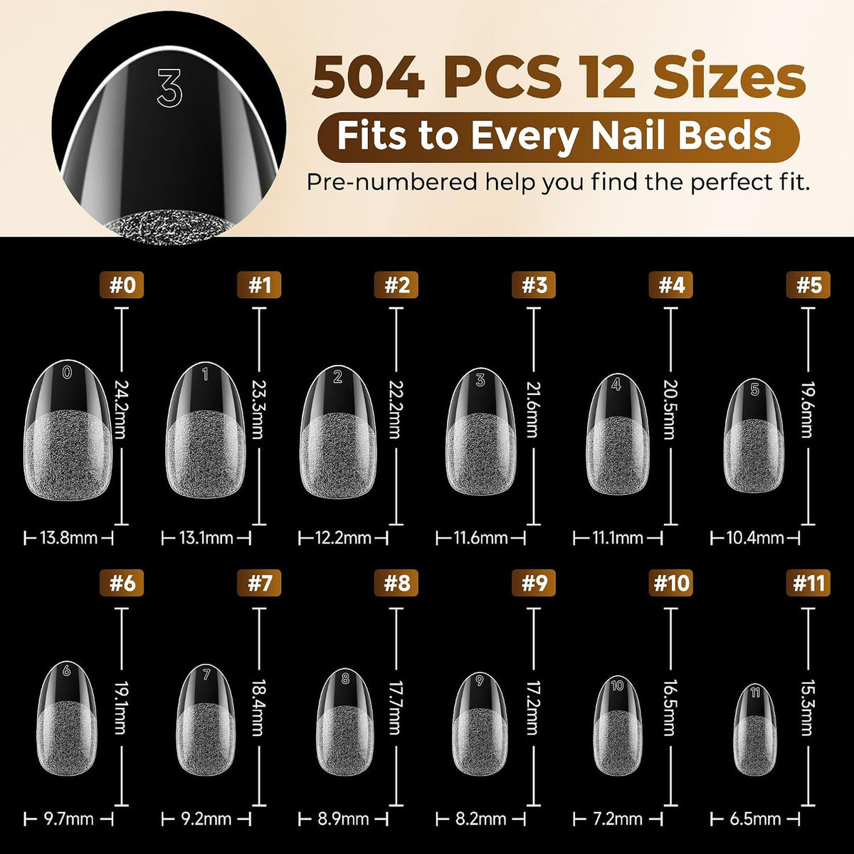 Oval Gel Nail Tips Set 504 Pcs Pre-Shaped Fake Nails for Manicure