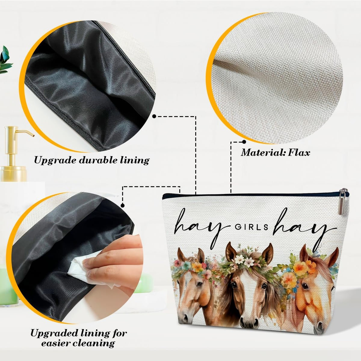 Horse-Themed Makeup Bag for Women - Floral Equestrian Cosmetic Organizer