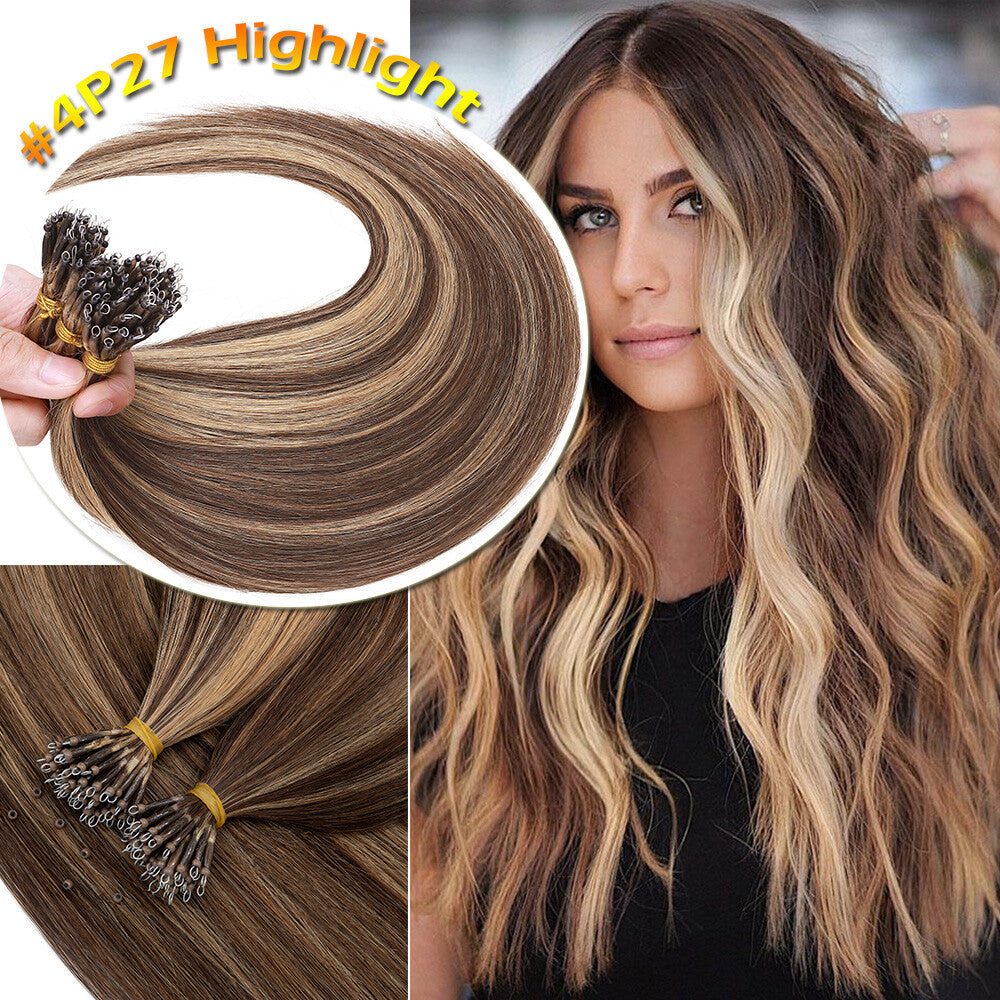 Nano Ring Hair Extensions Thick Straight Human Remy Micro Beads 14-20 Inch