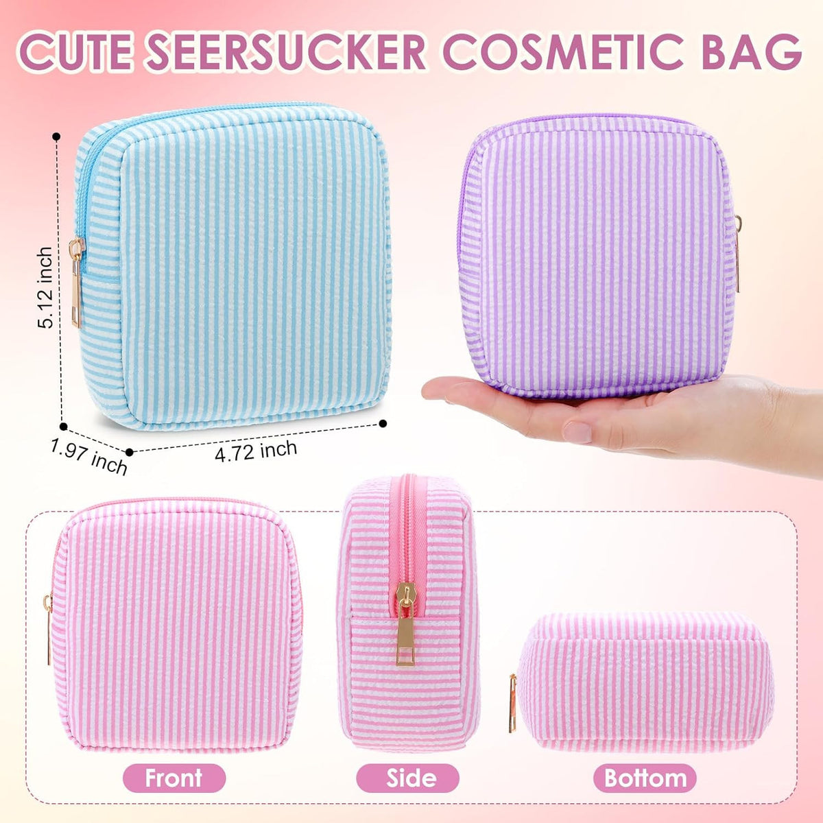 Seersucker Cosmetic Bag - Striped Makeup Travel Organizer for Women