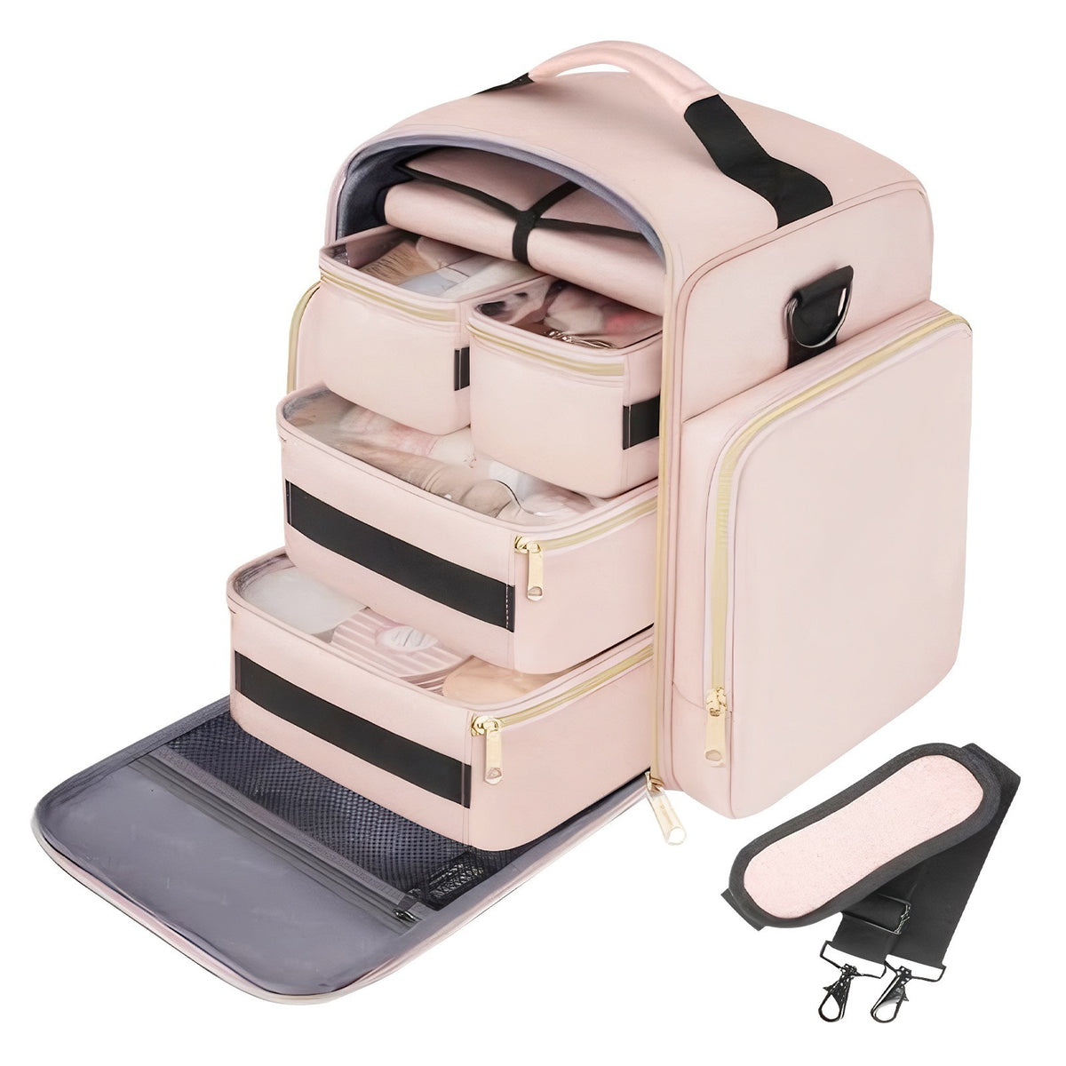 Large Travel Makeup Organizer Bag with 2 Removable Cases - Pink