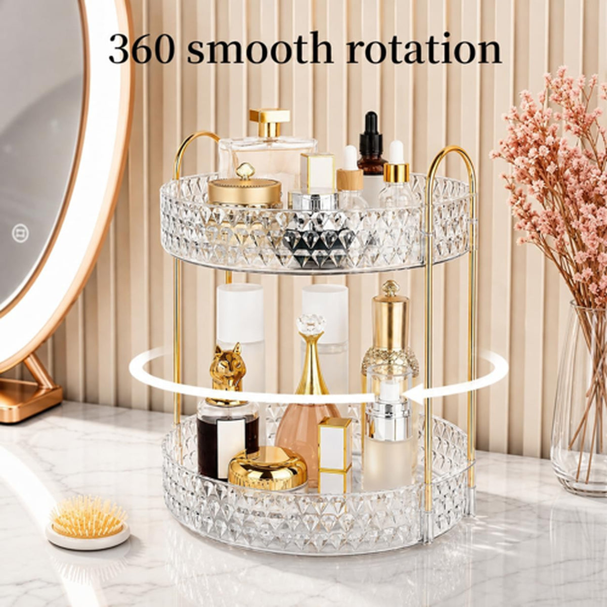 Large Capacity Rotating Makeup Organizer with 2 Tiers and Acrylic Finish
