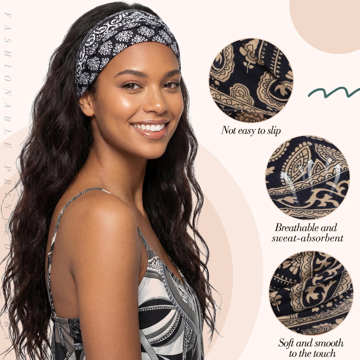 6Pack Boho Wide Headbands for Women, 9.2 inches x 4.7", Bohemian Print
