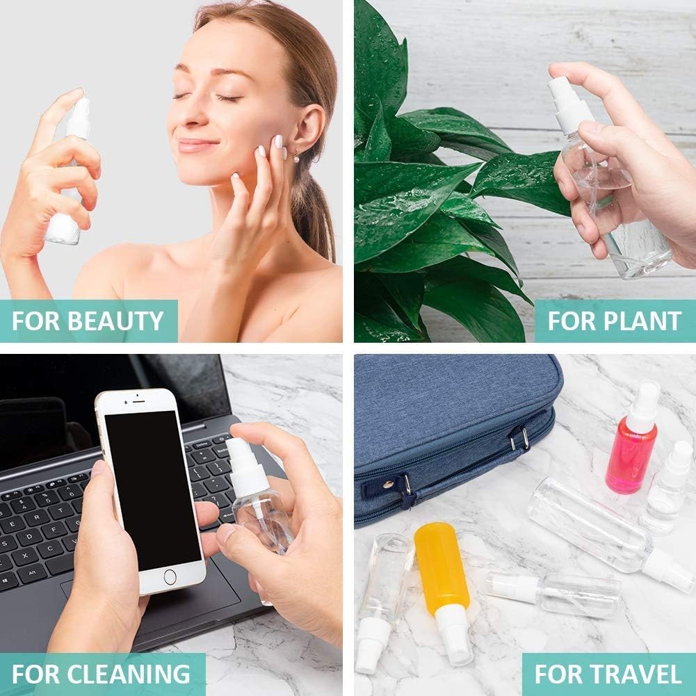 50ml Reusable Travel Spray Bottles Set with Labels - Fine Mist, Portable