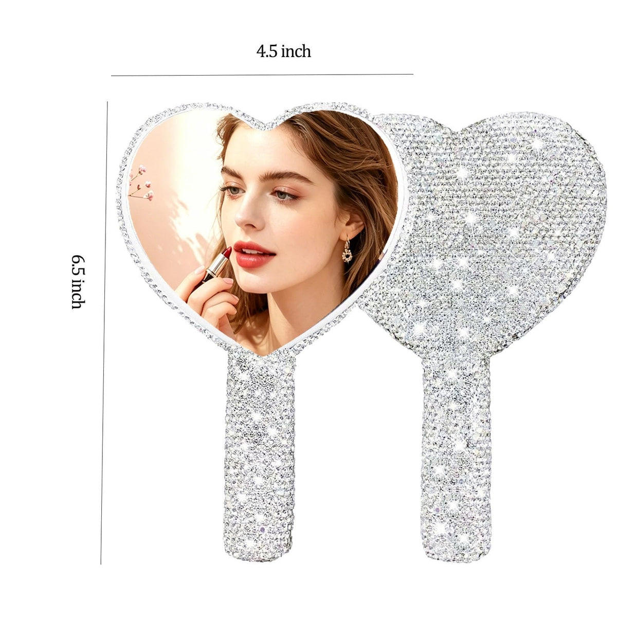 Heart-Shaped Rhinestone Handheld Mirror with Bling Glitter for Travel & Makeup