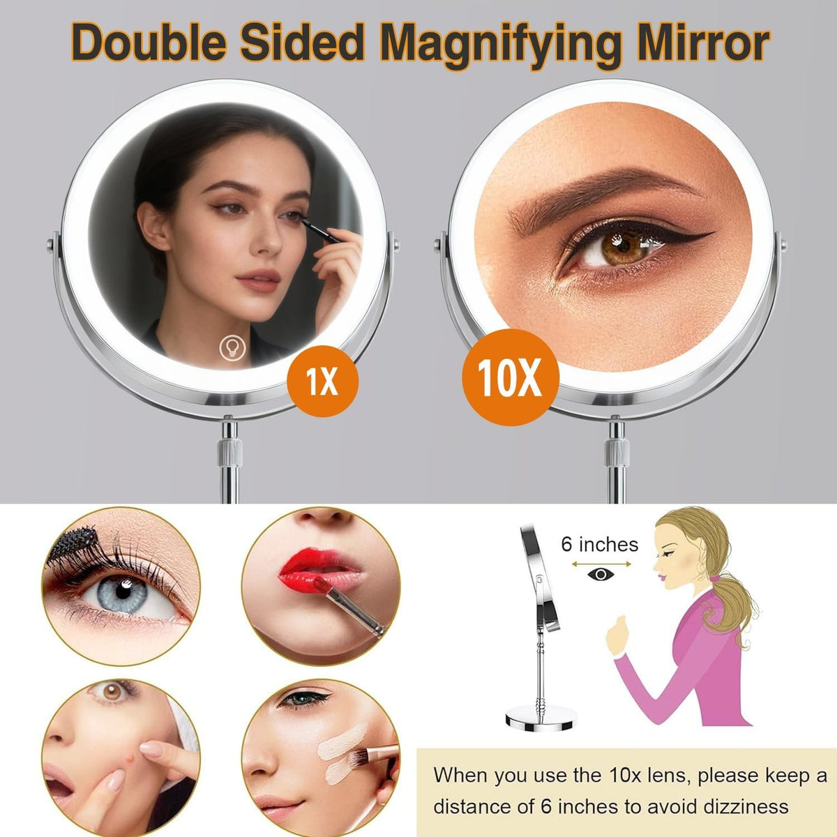 Makeup Mirror with Lights and 10X Magnification - Dimmable LED, Adjustable Height, 360° Rotation
