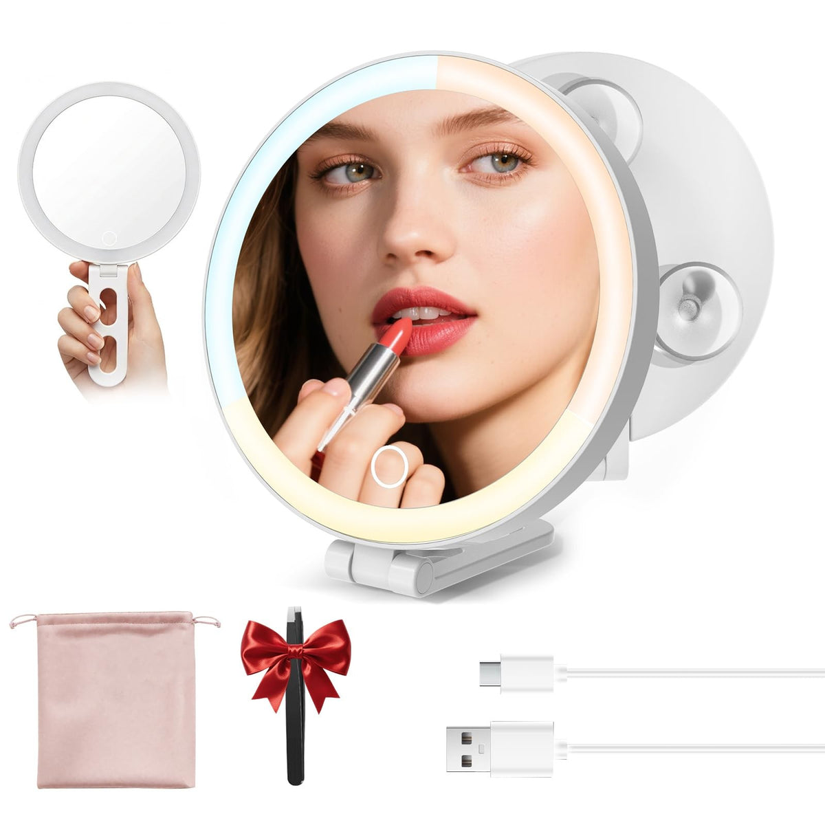 Travel Lighted Makeup Mirror with 10X Magnification and 3 Color LED Lights - Portable 4-in-1 Design