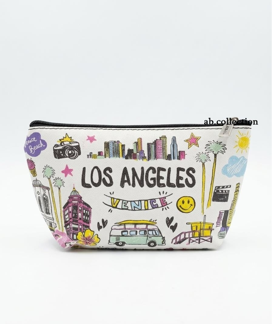 Travel Cosmetic Bag with Multiple LA-Themed Prints - Makeup & Toiletry Organizer