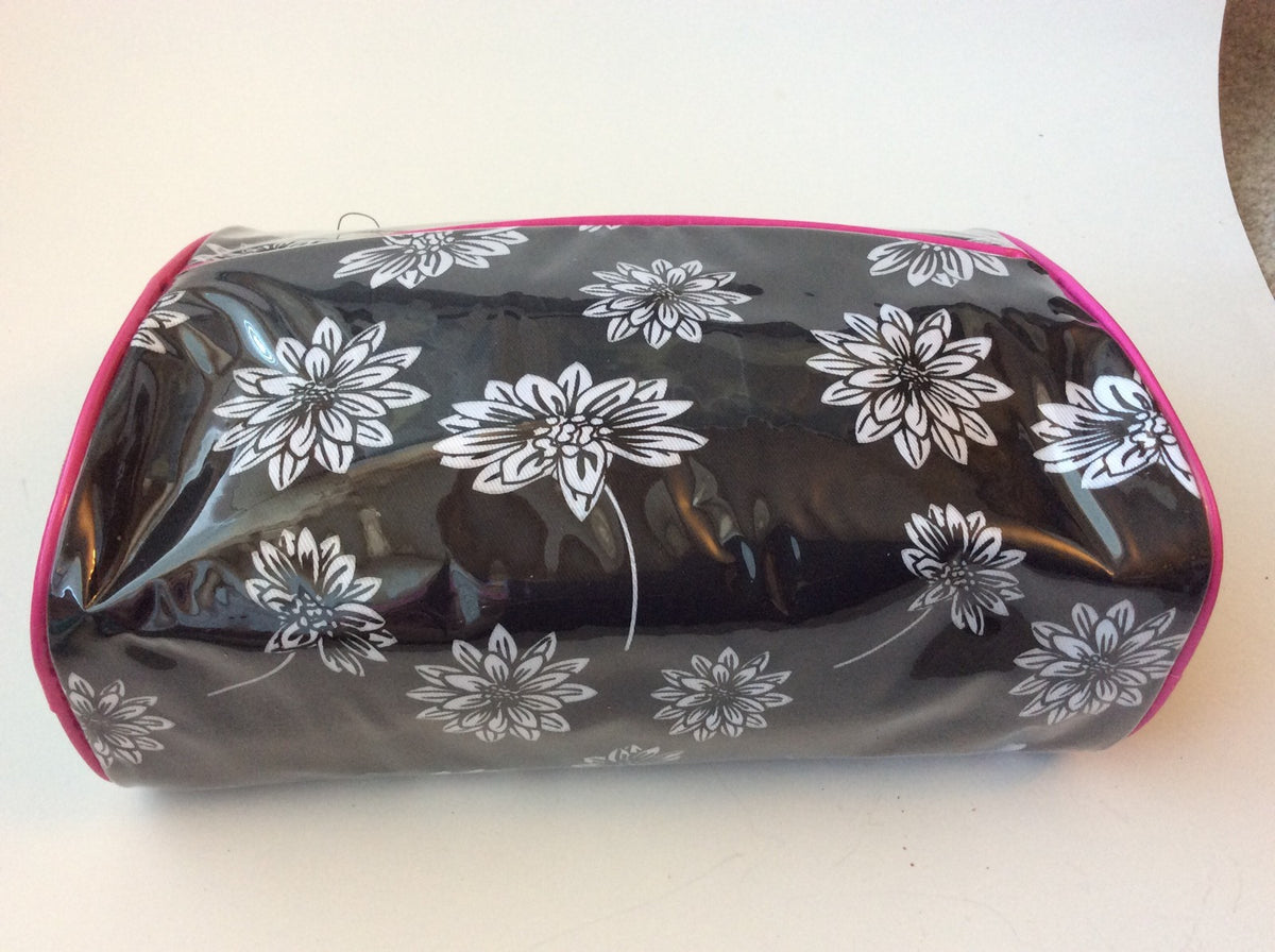 Makeup Bag with Mirror by Prevail White Flowers on Black Pink Trim