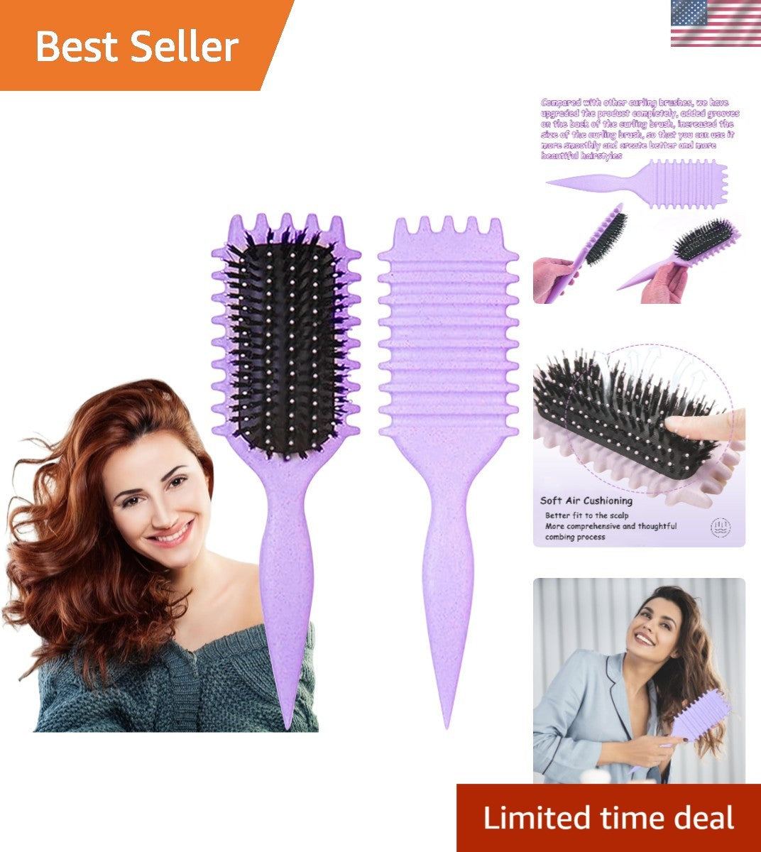 Ergonomic Curl Defining Hair Brush for All Hair Types - Gentle & Lightweight Purple