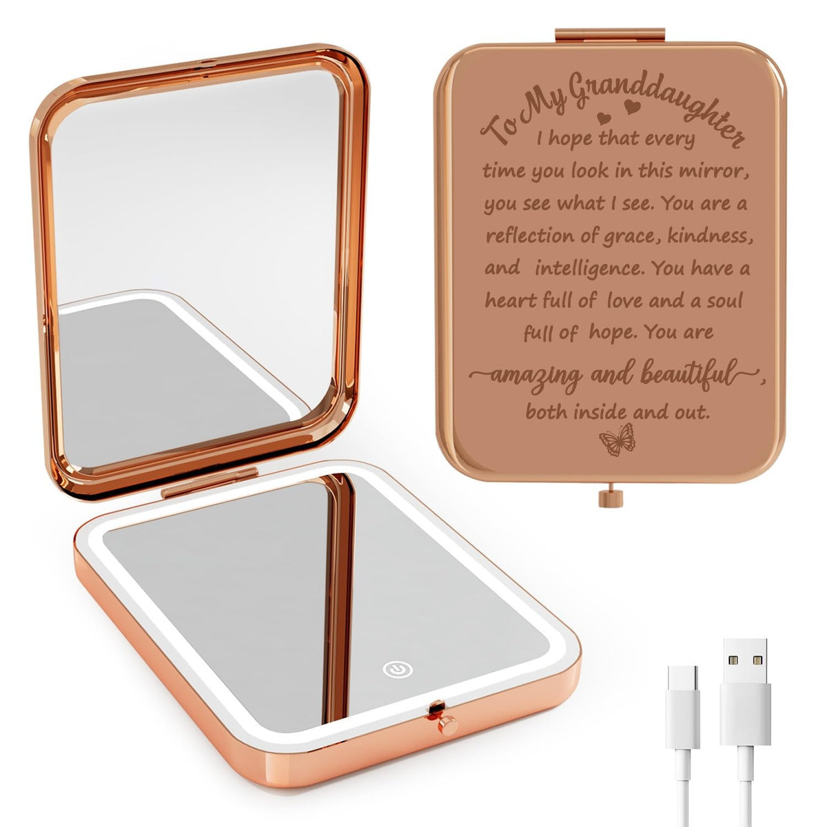 Lighted Compact Pocket Mirror with Magnification for Travel & Makeup