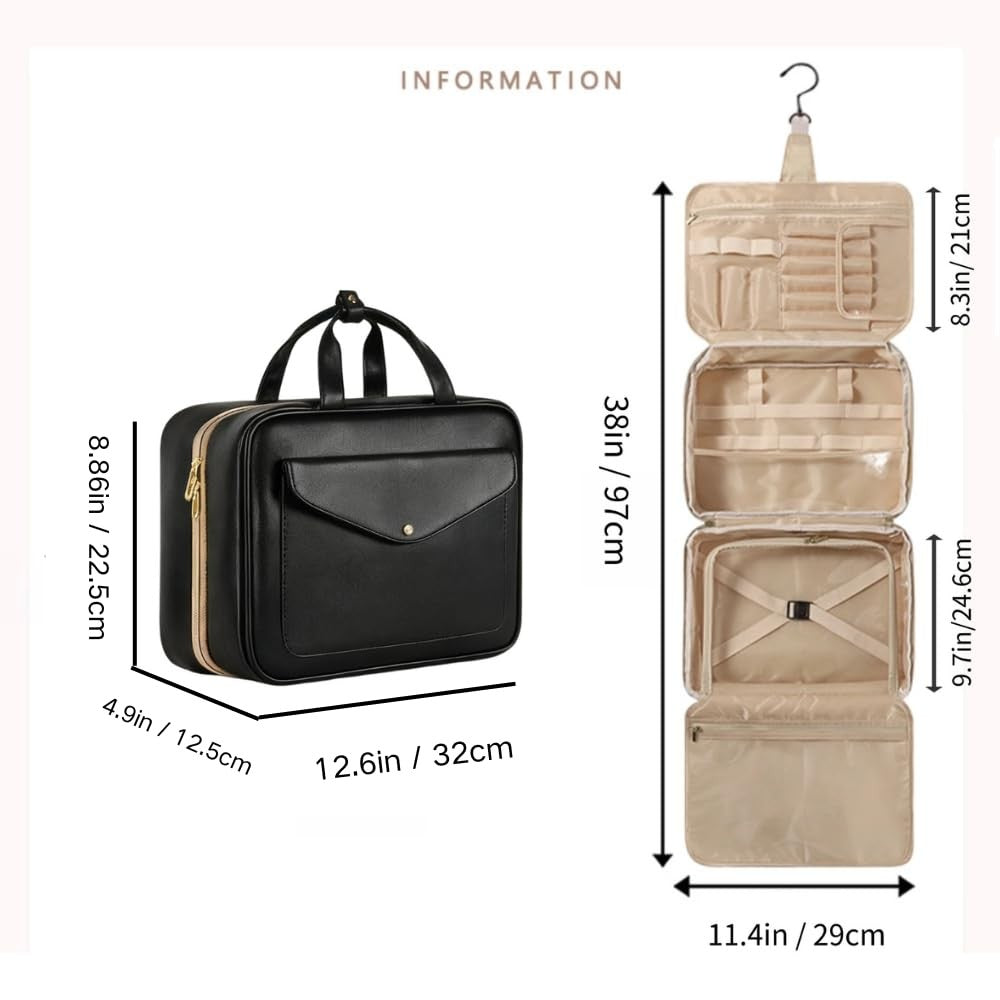 Travel Toiletry Bag with Hook - 13x9x5 Inch Black PU Leather Cosmetic Organizer
