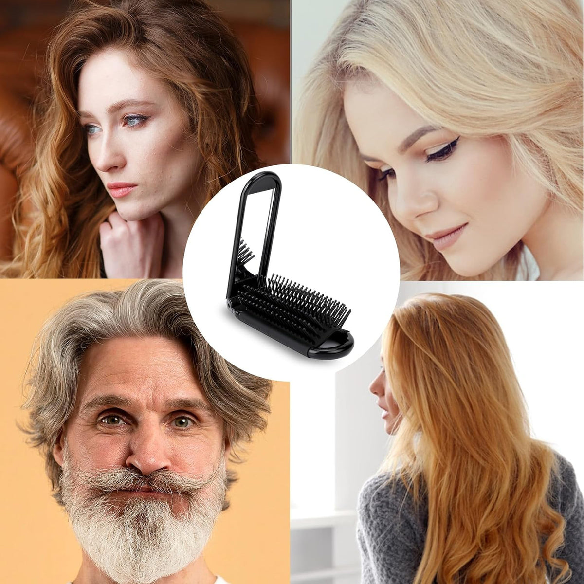 Foldable Travel Hair Brush with Mirror - Compact Anti-Static Small Hair Styling Tool Set