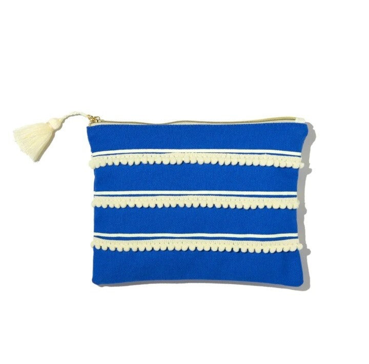 Blue & White Pom Pom Canvas Travel Accessory Pouch with Tassel