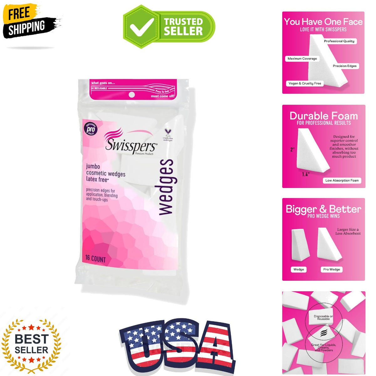 Reusable Latex-Free Makeup Sponges - Jumbo Wedge Applicators, 16 Pack