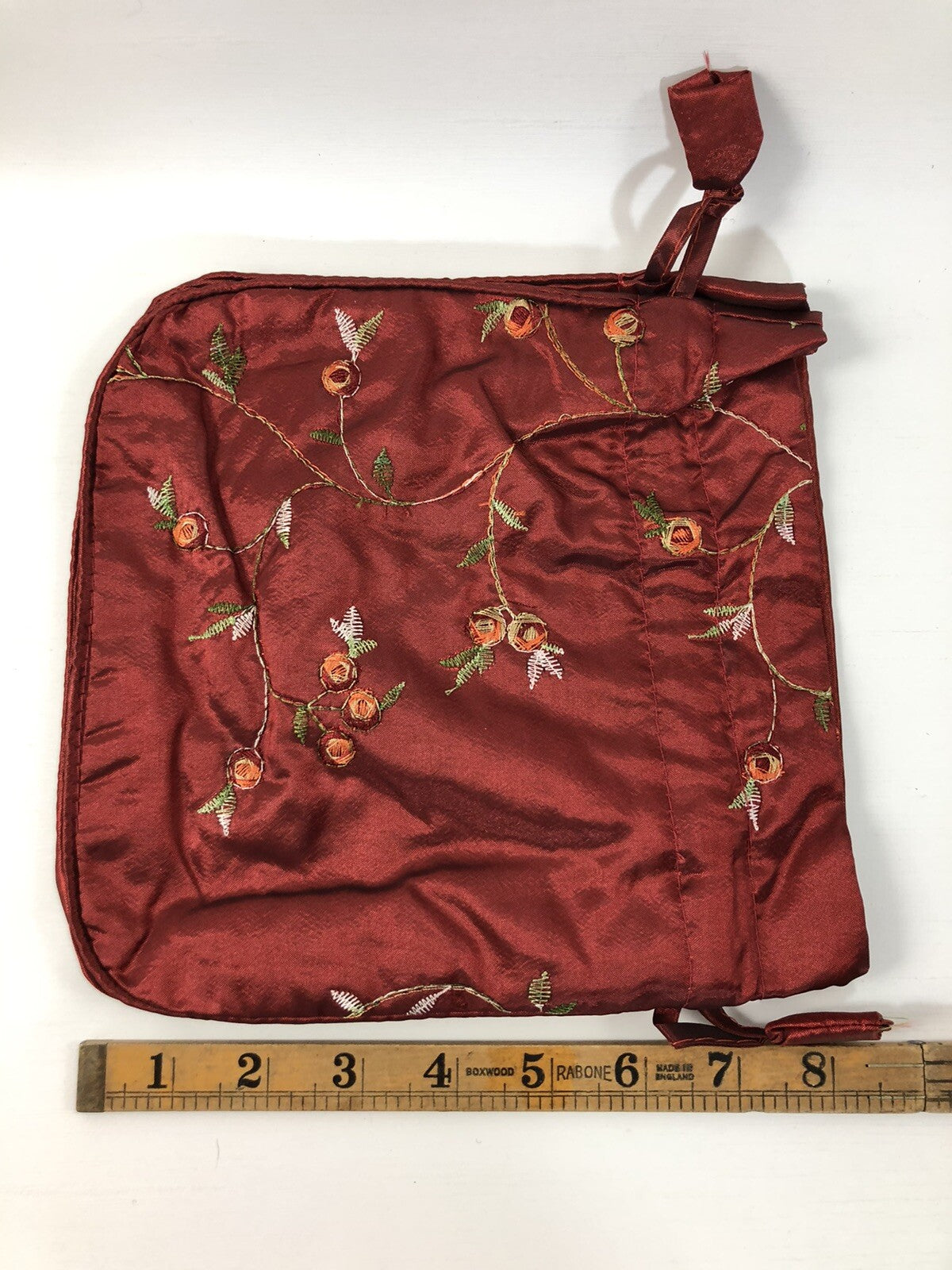Burgundy Satin Rose Pattern Drawstring Cosmetic Bag Travel Pouch