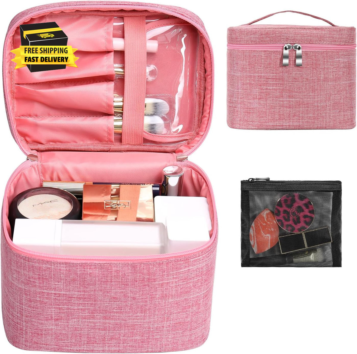 Large Travel Makeup Bag with Mesh Pouch and Organizer - Pink