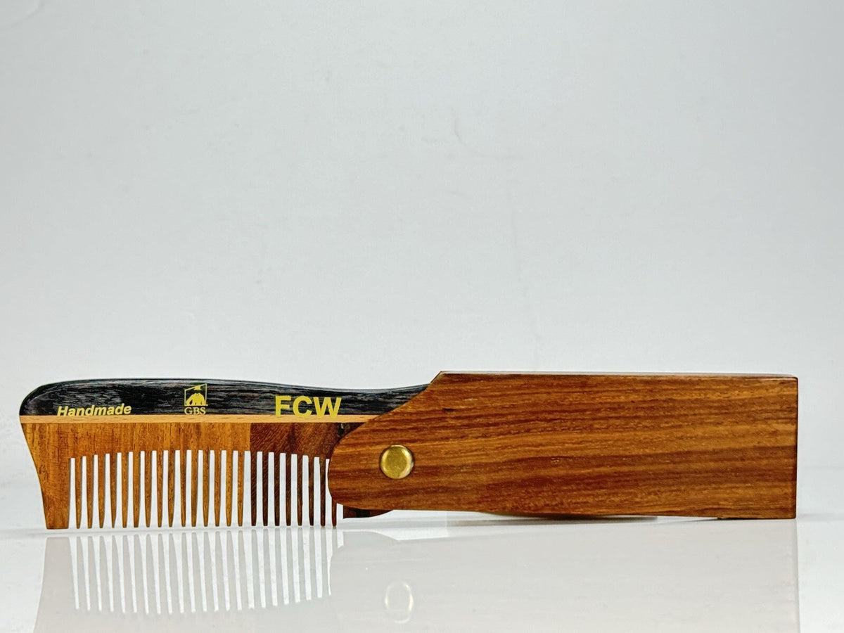 Wooden Beard Mustache Comb with Folding Travel Case - Natural Handcrafted Grooming Tool