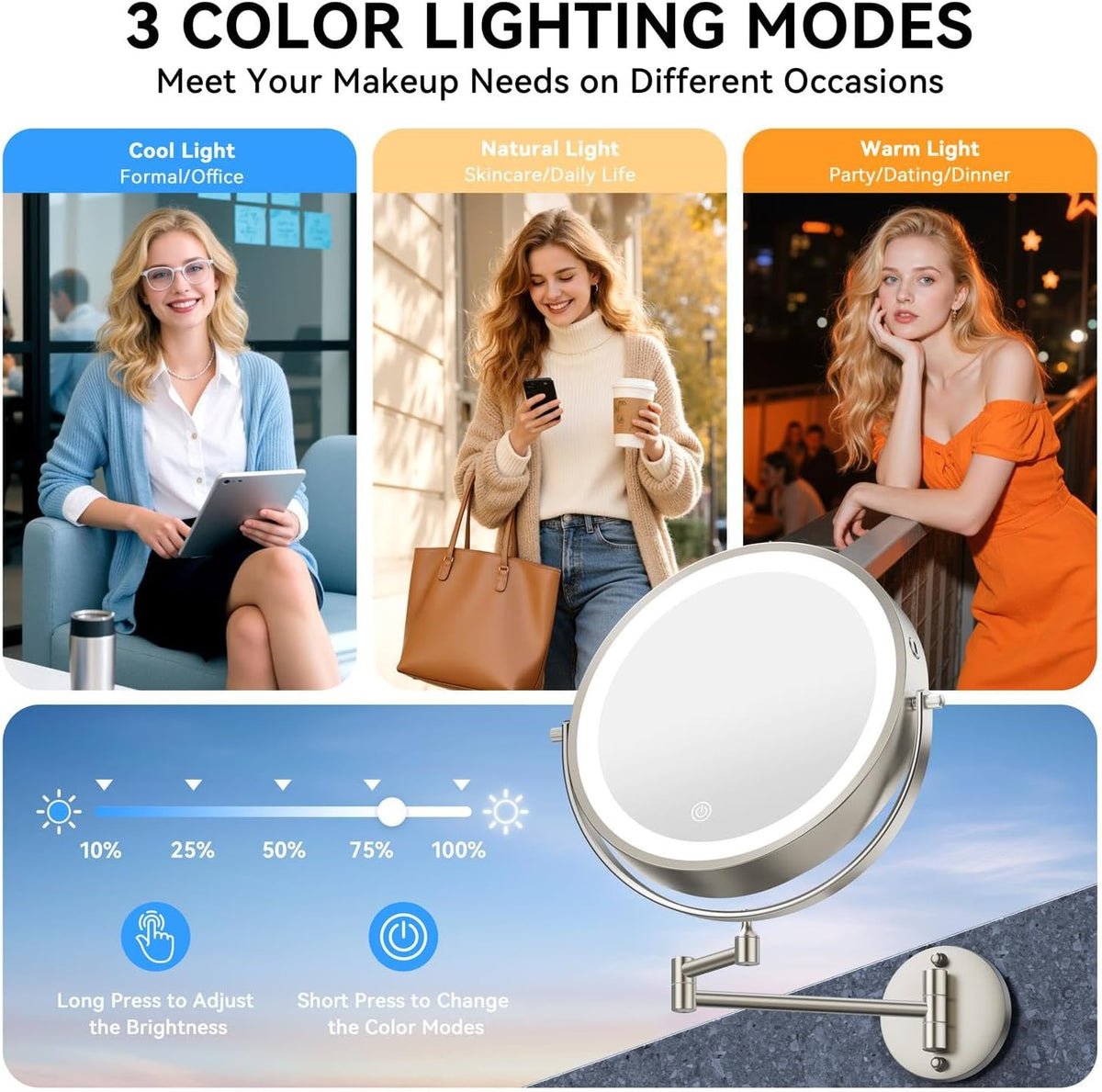 Rechargeable Wall-Mounted Lighted Makeup Mirror 9'' 30X/1X Double-Sided with Dimmable LED Lights