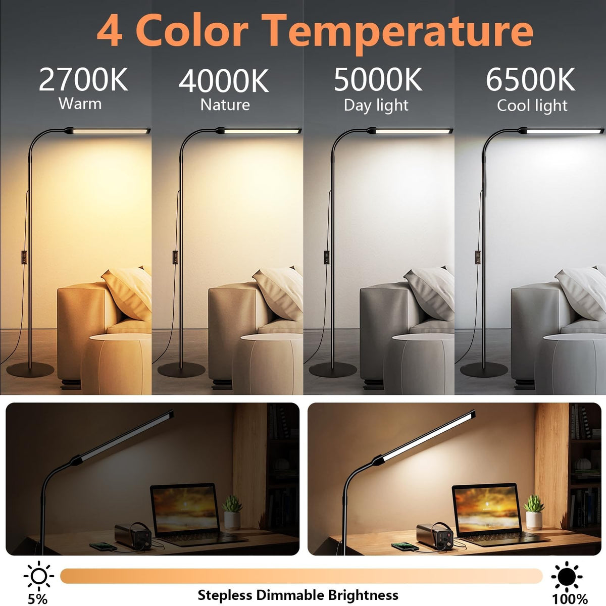 Dimmable LED Floor Lamp with Adjustable Color Temperature 3000K-6000K - Modern Bedroom & Living Room Light