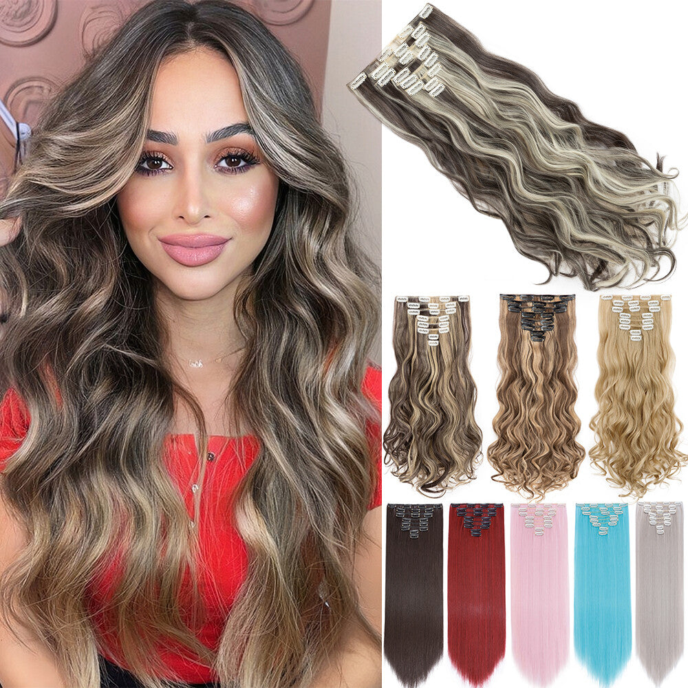 Clip-In Hair Extensions Full Head Ombre Highlight Synthetic Thick Hair 8-24 Inches