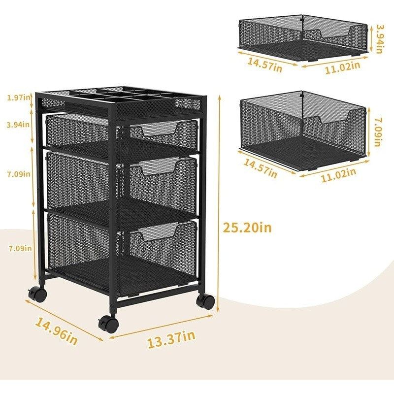3-Drawer Rolling Makeup Organizer Cart with Dividers - Black