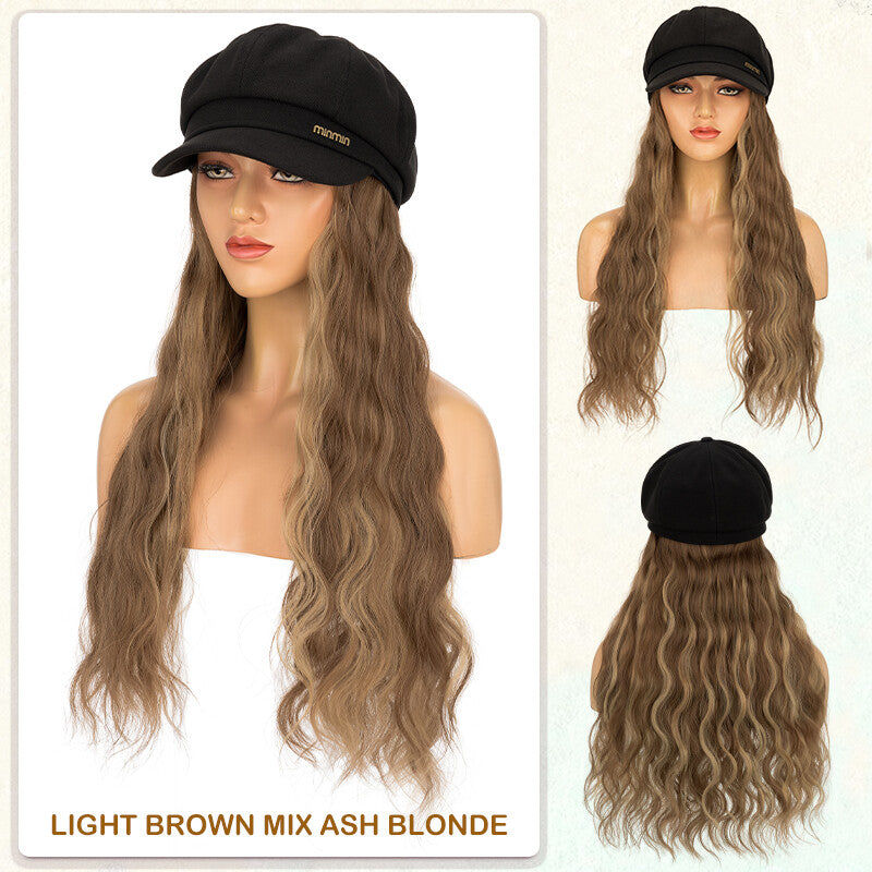 Unisex Wavy Long Hair Beret Cap with Synthetic Hair - Casual Hat Wig