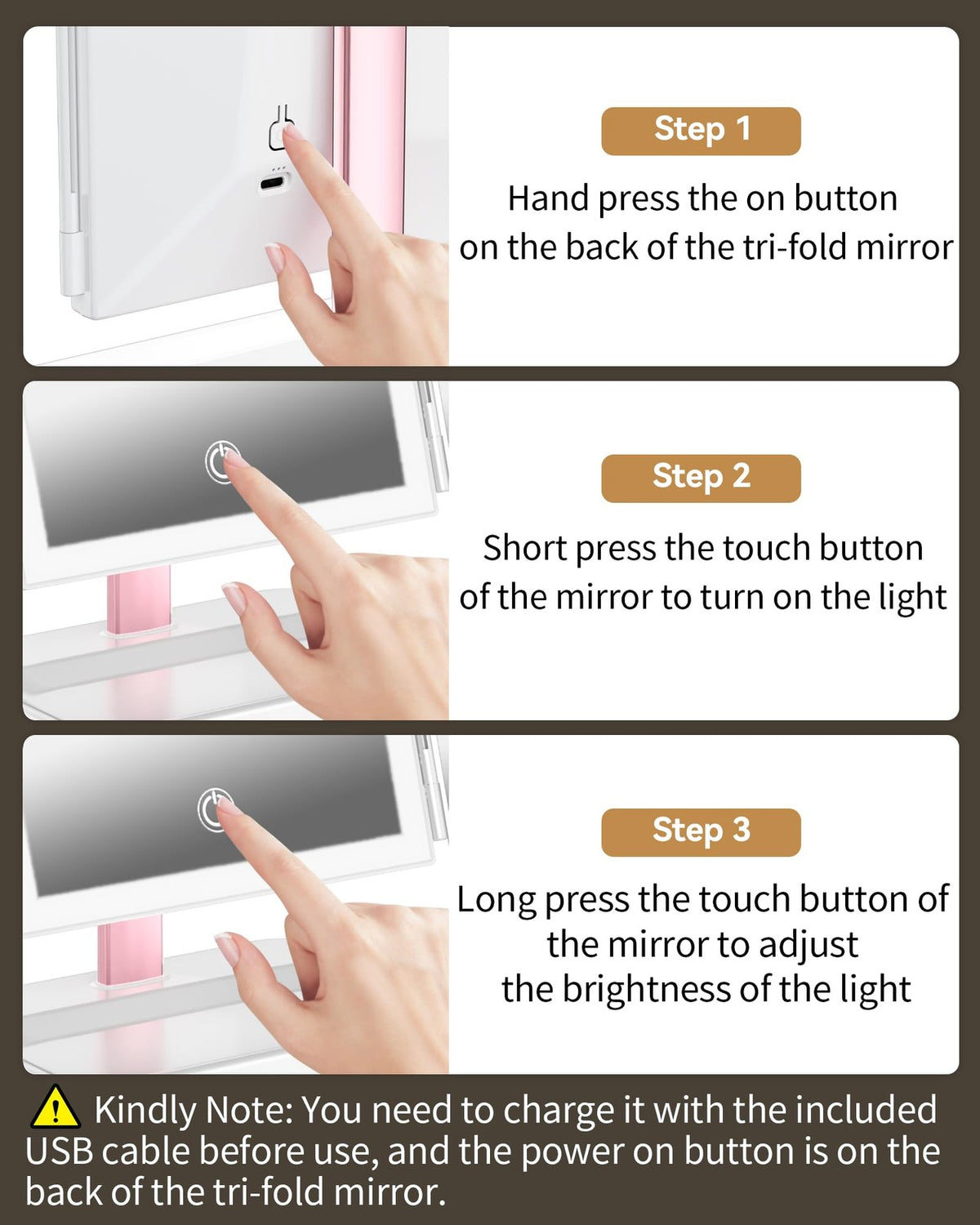 Lighted Makeup Mirror with Lights and 3X Magnification - Rechargeable Vanity Mirror with Touch Control and 90° Swivel