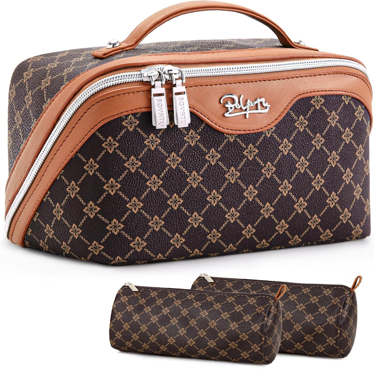 Travel Makeup Bag Set for Women - Large Vegan Leather Cosmetic Bags with Compartments & Handles