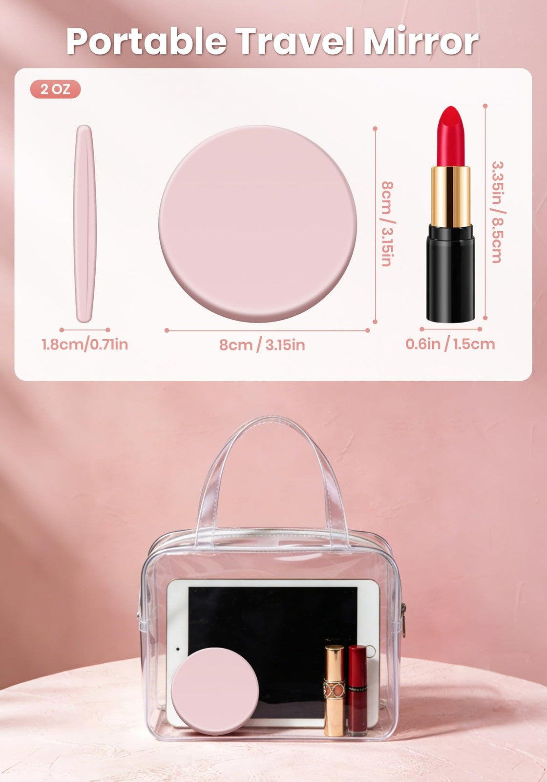 Rechargeable Lighted Makeup Mirror with 40X Magnification & Dimmable LED Lighting - Compact Travel Mirror, Pink