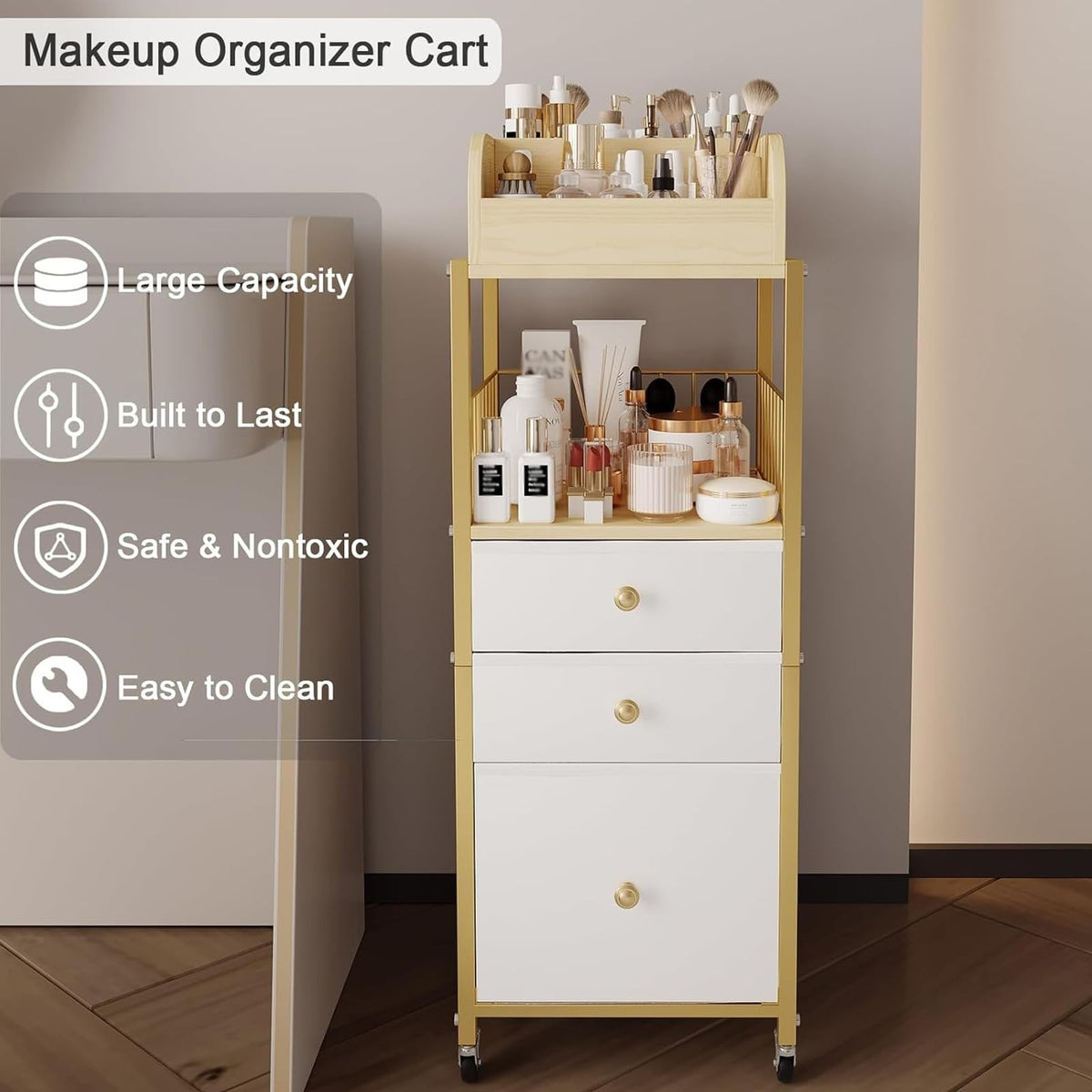 Gold Makeup Organizer Cart with 3 Drawers & Open Shelves for Vanity Storage