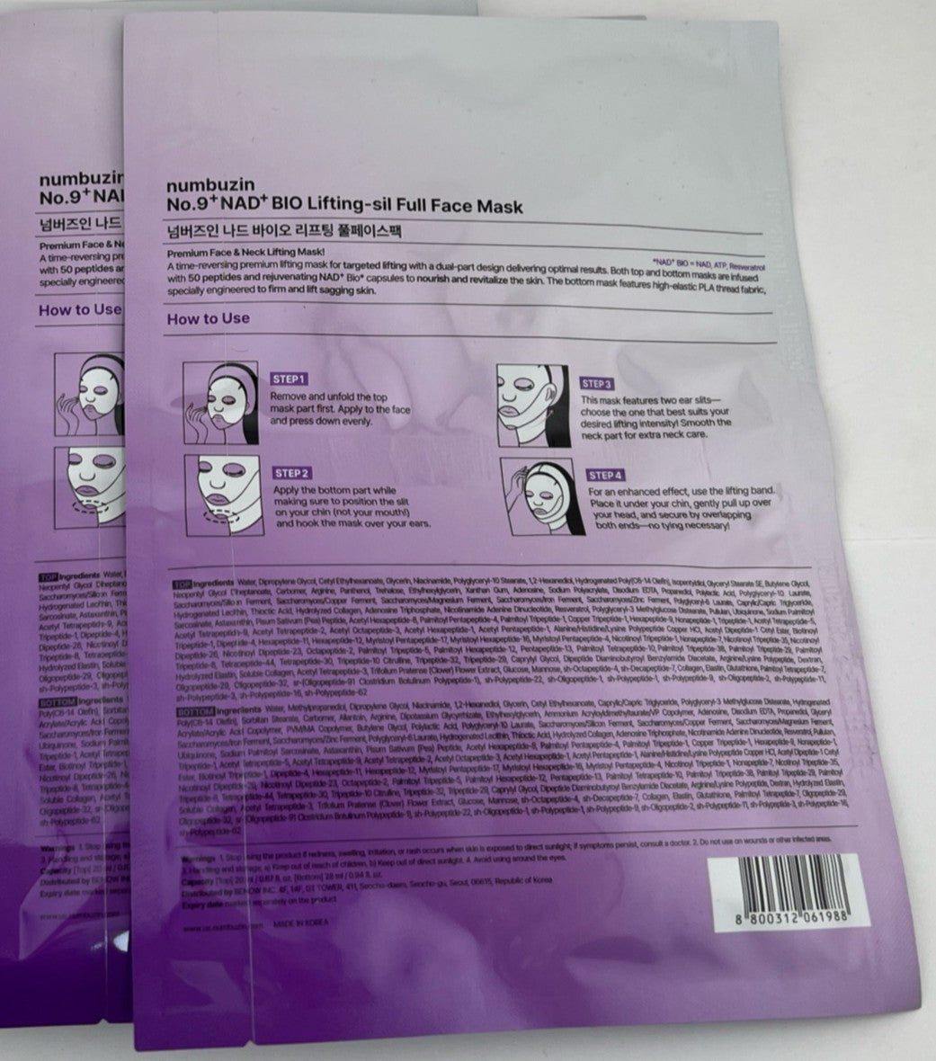 Numbuzin No.9 NAD+ Bio Lifting Sheet Masks, 2-Pack
