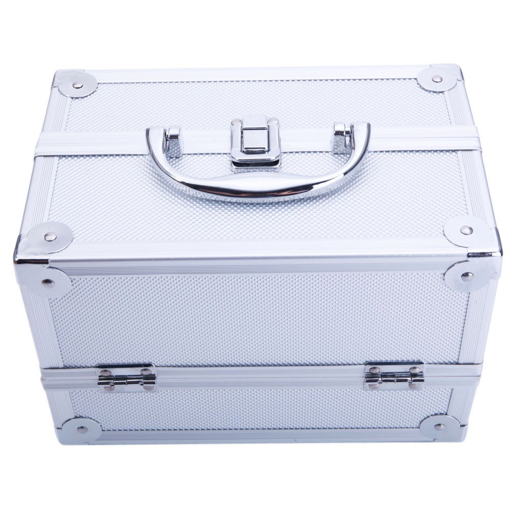 Aluminum Makeup Train Case Jewelry Organizer with Mirror - Silver