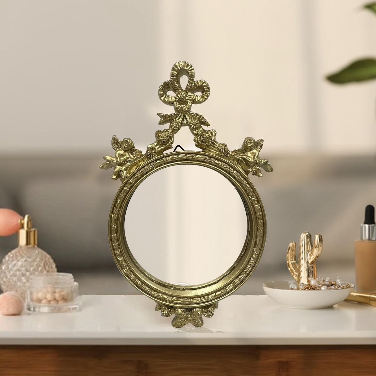 Vintage Bow Vanity Mirror - Gold Resin Tabletop Dressing Table Mirror