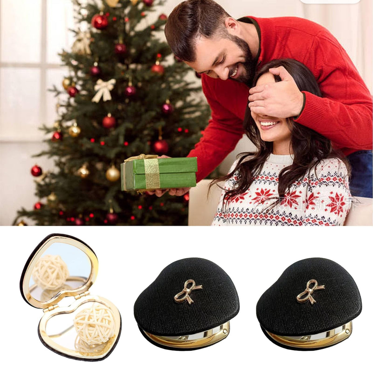 Mini Heart-Shaped Pocket Mirror Set - 6 Pack Black with Glitter Bow